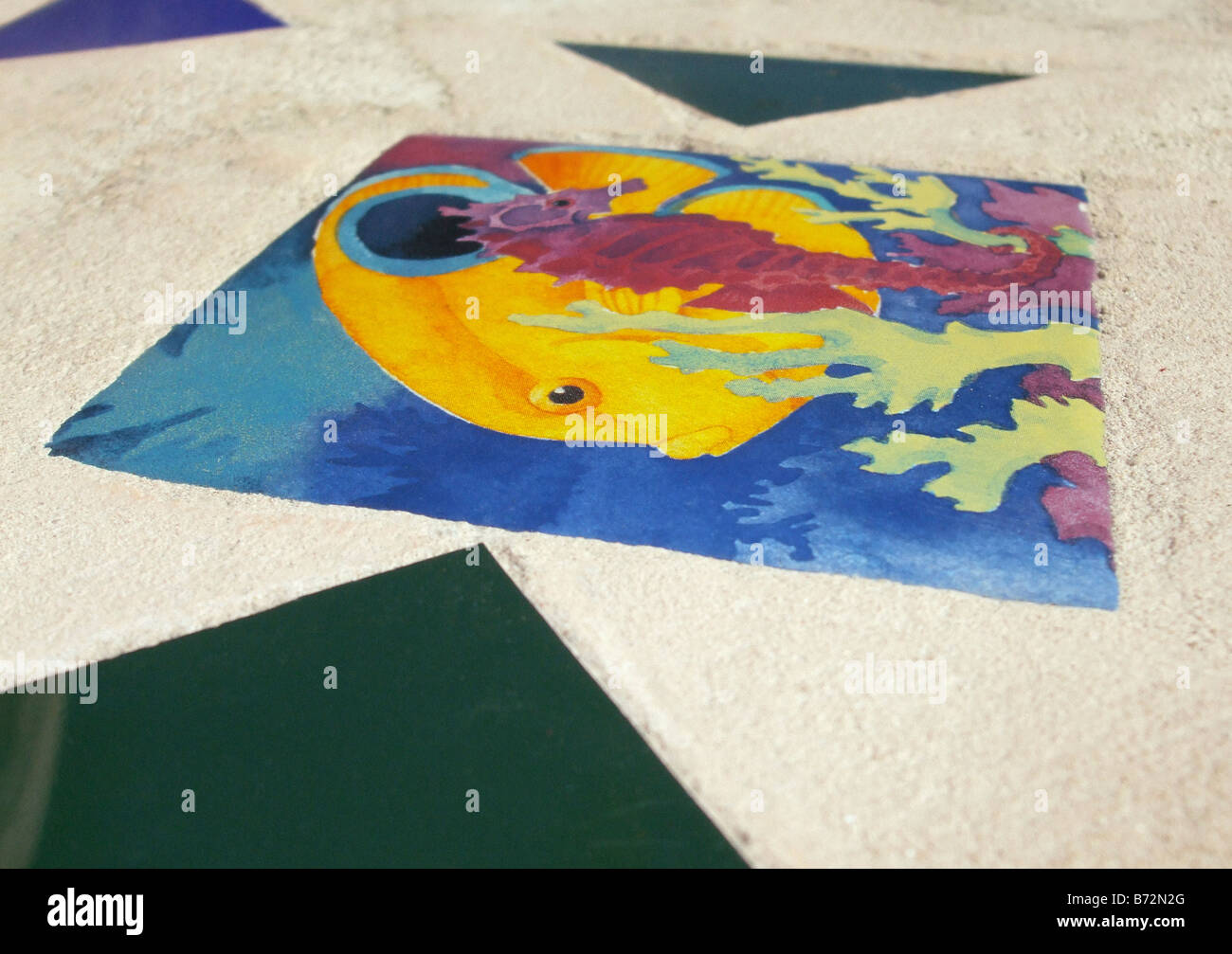 Farbige Fliesen Einschub mit im Bild eine gelbe Falterfische und rote Seepferdchen Stockfoto