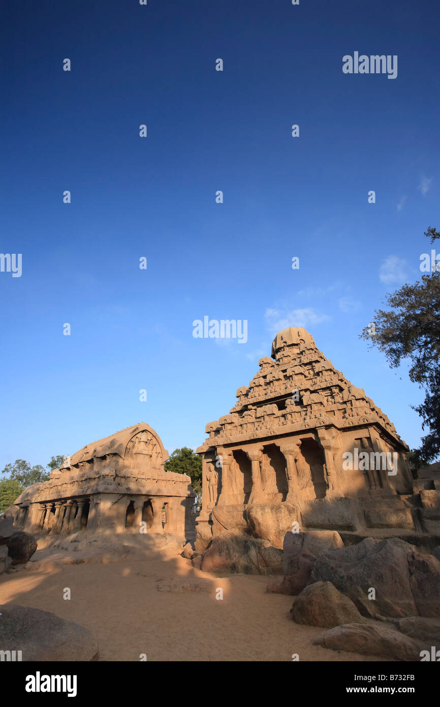 Die fünf Rathas Mamallapuram UNESCO World Heritage Site Tamil Nadu Südindien Stockfoto