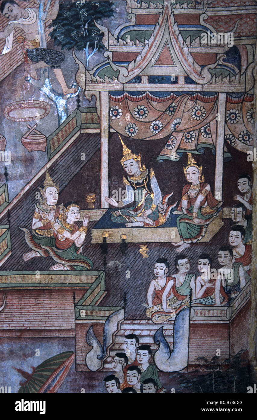Thai Royal Gerichtsszene oder Publikum dargestellt in ein Wandbild oder Wandmalerei, Wihan Lai Kham, Wat Phra Singh, Chiang Mai, Thailand Stockfoto
