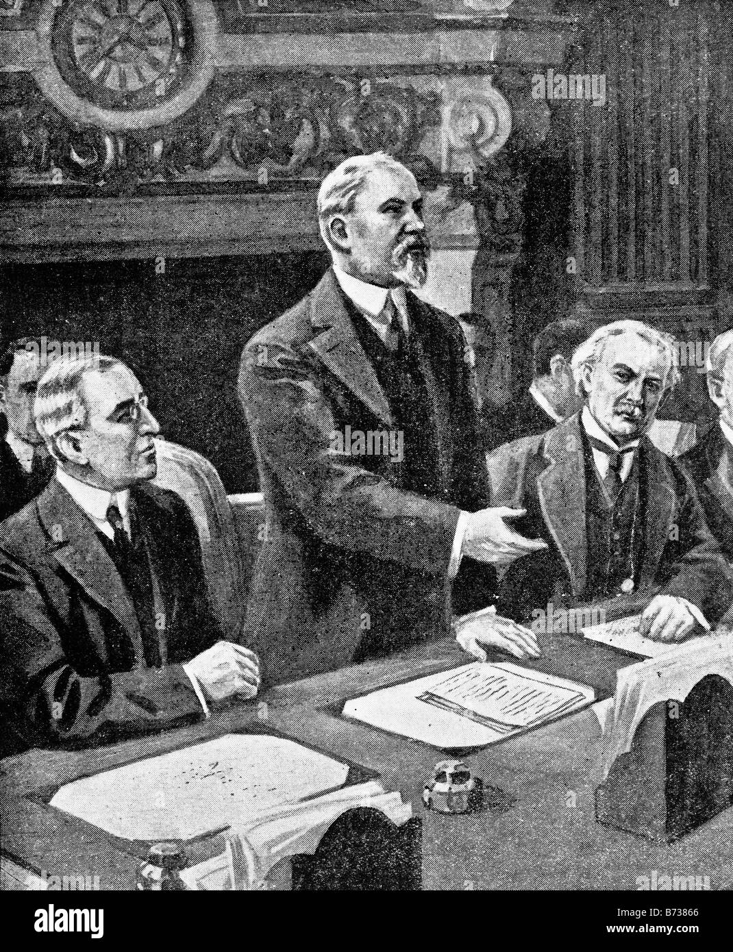 Ersten Weltkrieg zeitgenössische Illustration der Alliierten Führer bei der feierlichen Eröffnung der Friedenskonferenz von Paris im Januar 1919. Stockfoto