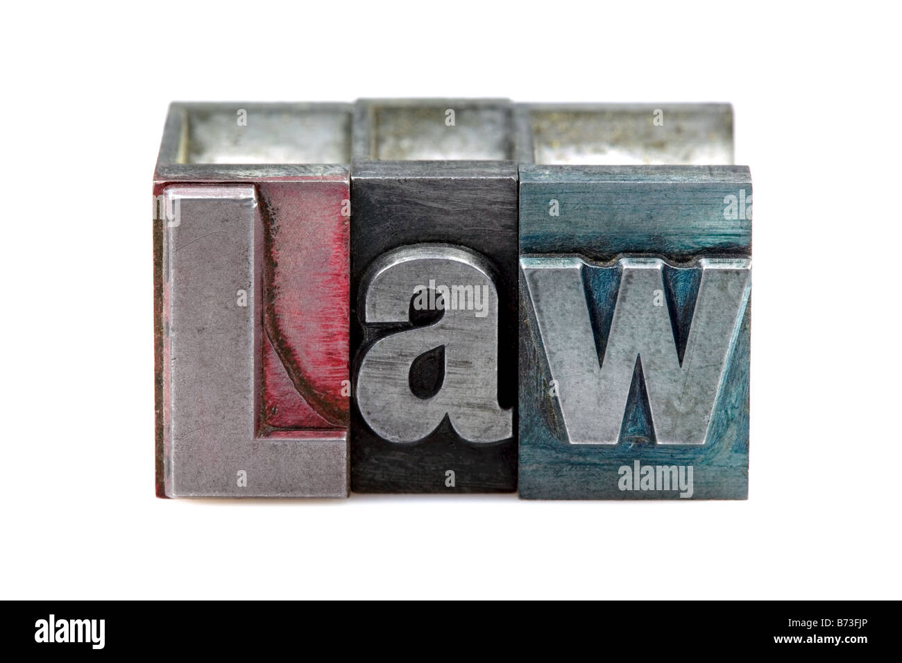 Das Wort Gesetz im alten Buchdruck Druckstöcken auf einem weißen Hintergrund isoliert Stockfoto