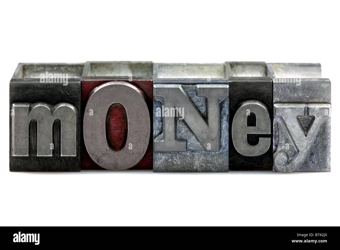 Das Wort Geld in alten Buchdruck Druckstöcken auf einem weißen Hintergrund isoliert Stockfoto