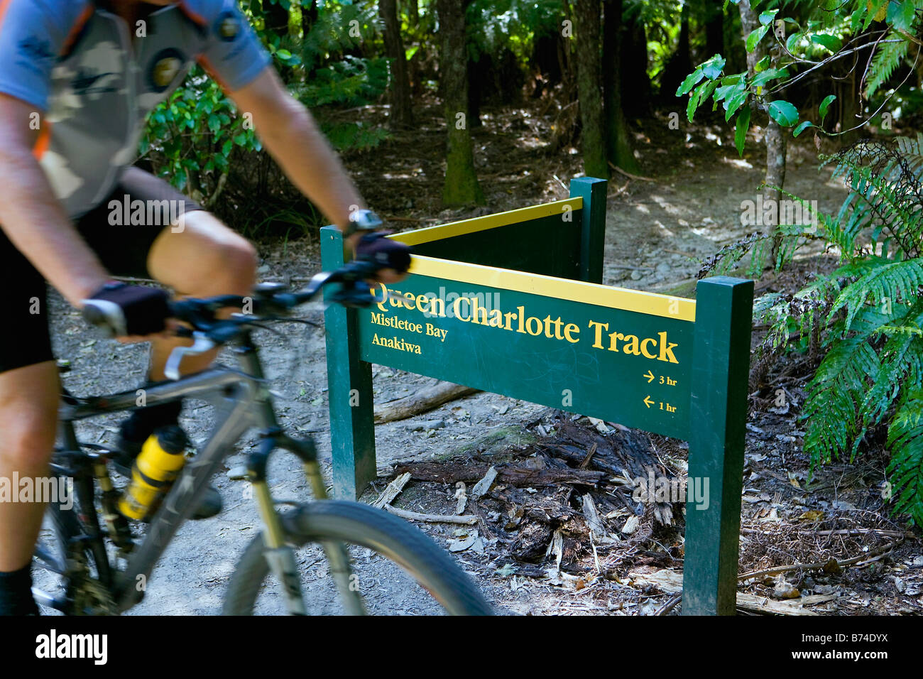 Neuseeland, Südinsel, Picton, Queen Charlotte Track. Mountain Bike Pasing verfolgen Zeichen. Stockfoto