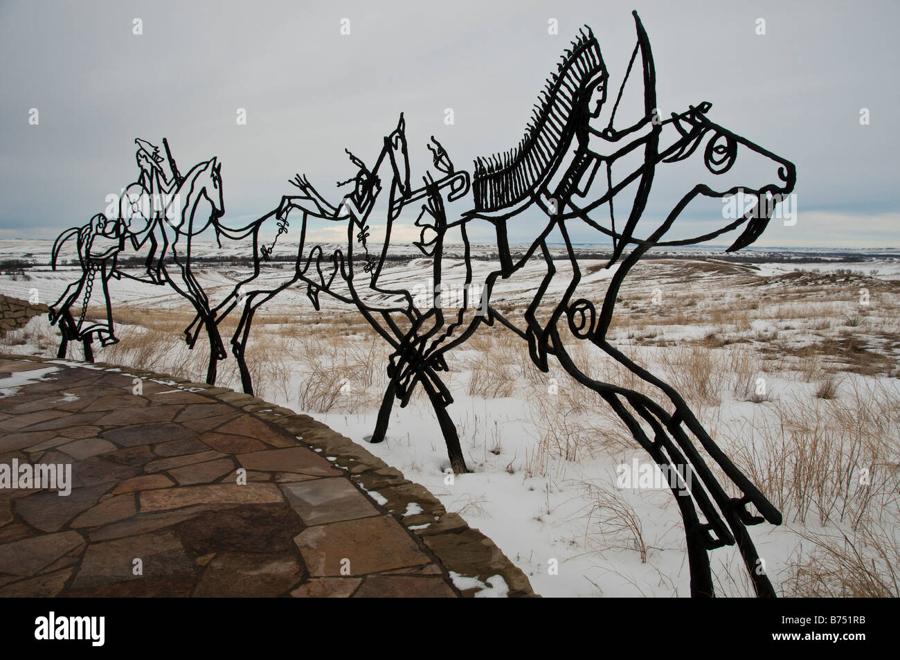 Bronze-Ablaufverfolgung Skulpturen von Kriegern, Indian Memorial, Little Bighorn Battlefield National Monument, Crow Agency, Montana. Stockfoto