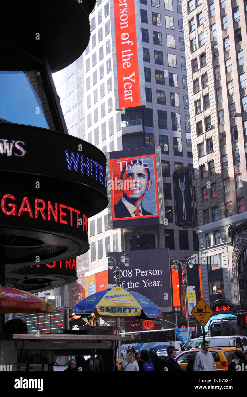 Ankündigung des Präsidenten wählt Barack Obama als Zeit Zeitschrift Mann des Jahres 2008, Times Square, New York City Stockfoto