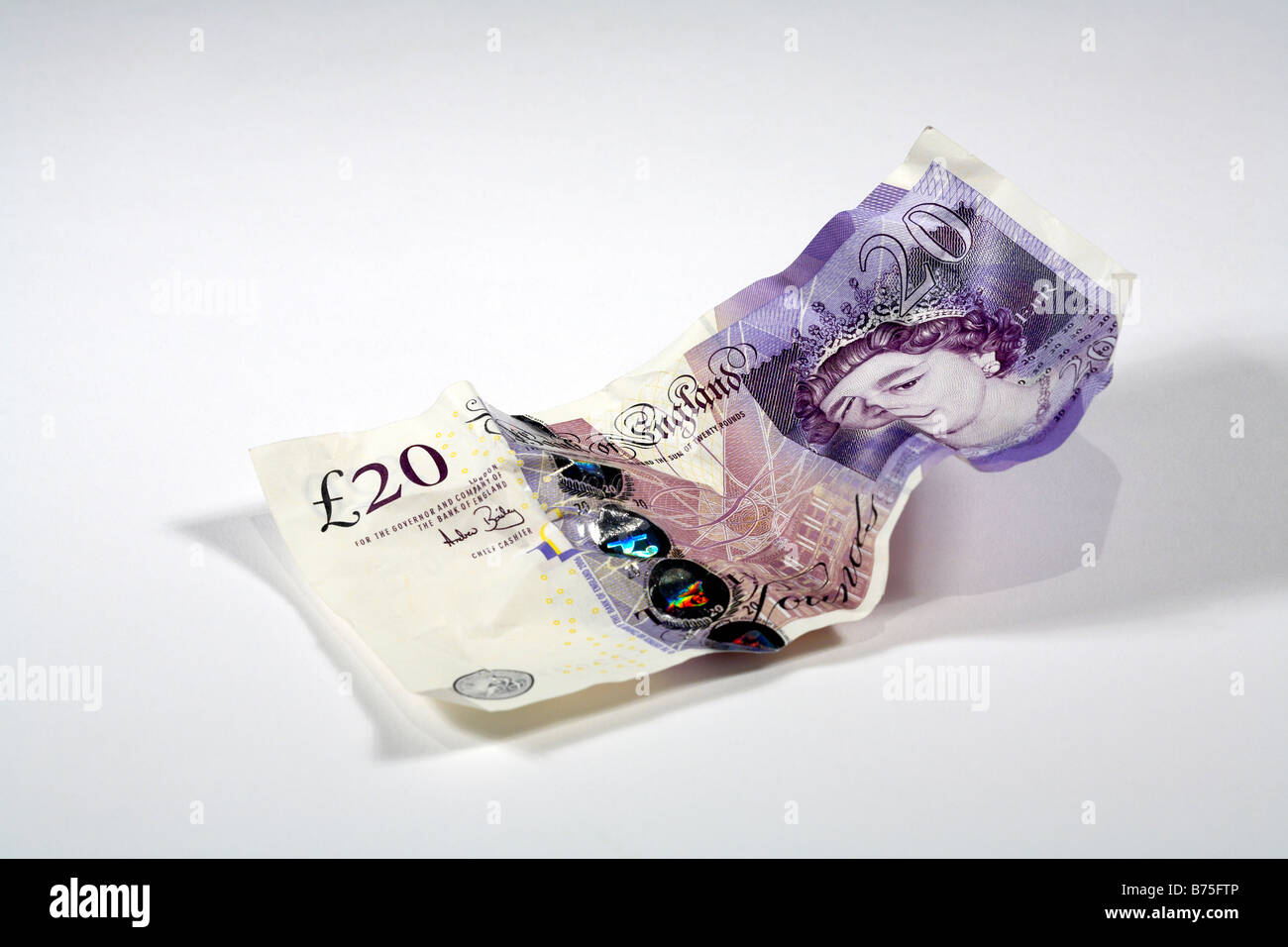 Knirschte bis UK Sterling 20-Pfund-Note Stockfoto