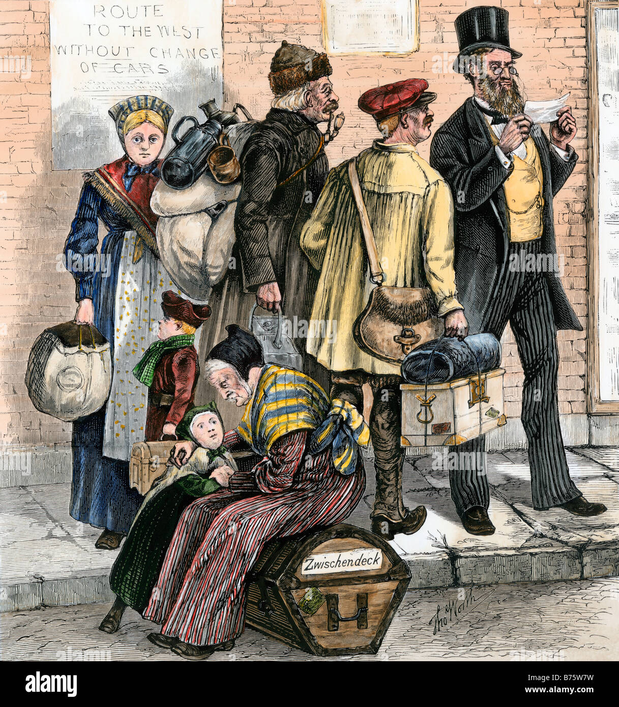Nördlichen europäischen Einwanderer nach dem Weg fragen zu den amerikanischen Mittelwesten 1870. Hand - farbige Holzschnitt Stockfoto