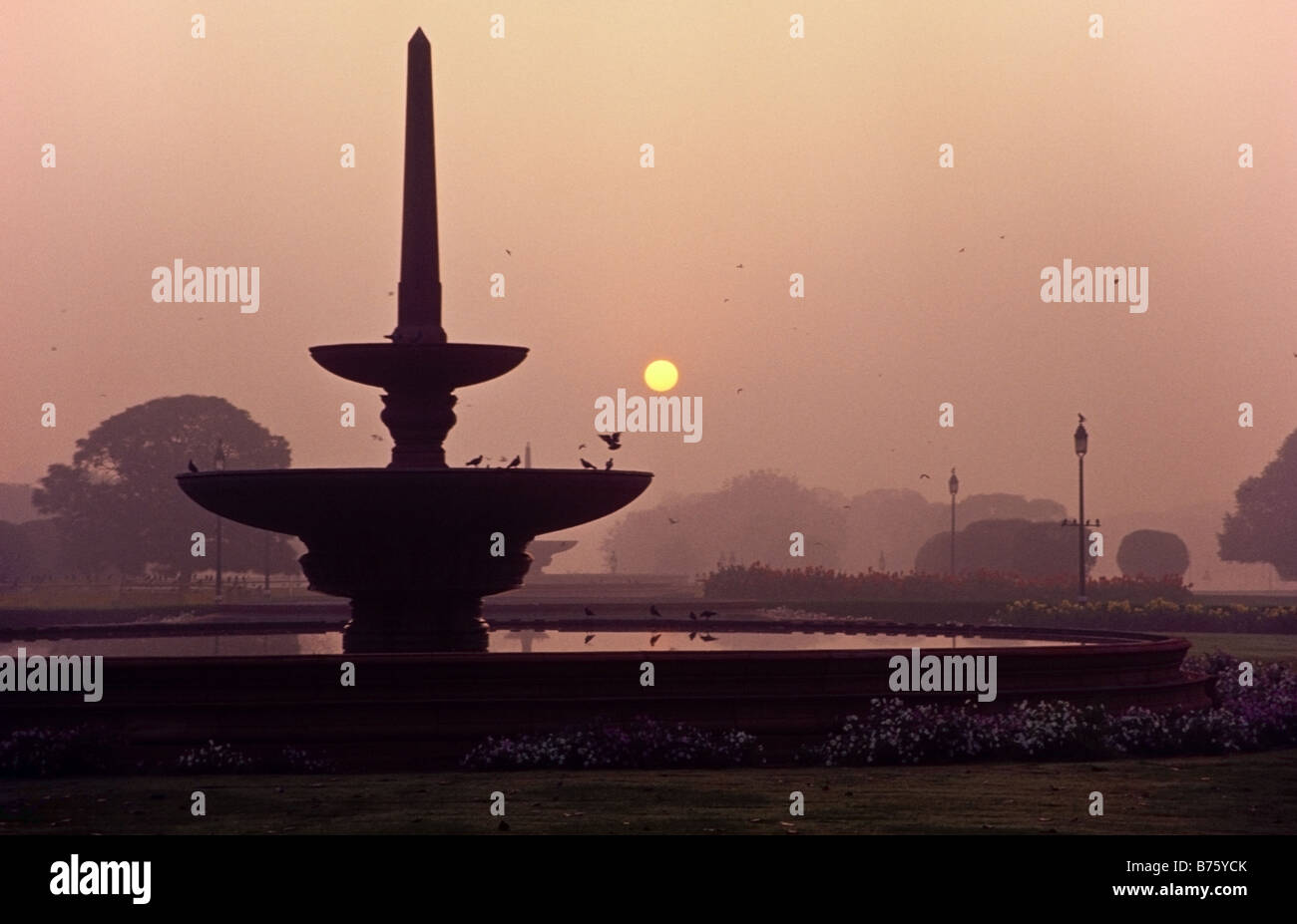 Sonnenaufgang am Vijay Chowk / Rajpath, in der Nähe von Rashtrapati Bhawan, New Delhi-Indien Stockfoto