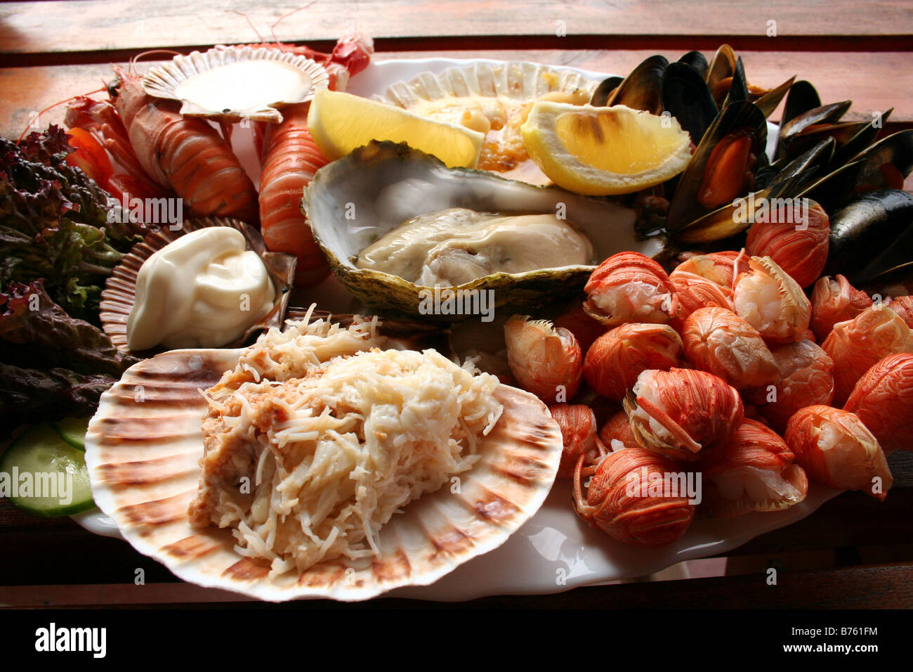 Schottische Meeresfrüchte-Platte mit Meeresfrüchte im Restaurant im schottischen Hochland mit Hummer, Langusten, Austern Stockfoto