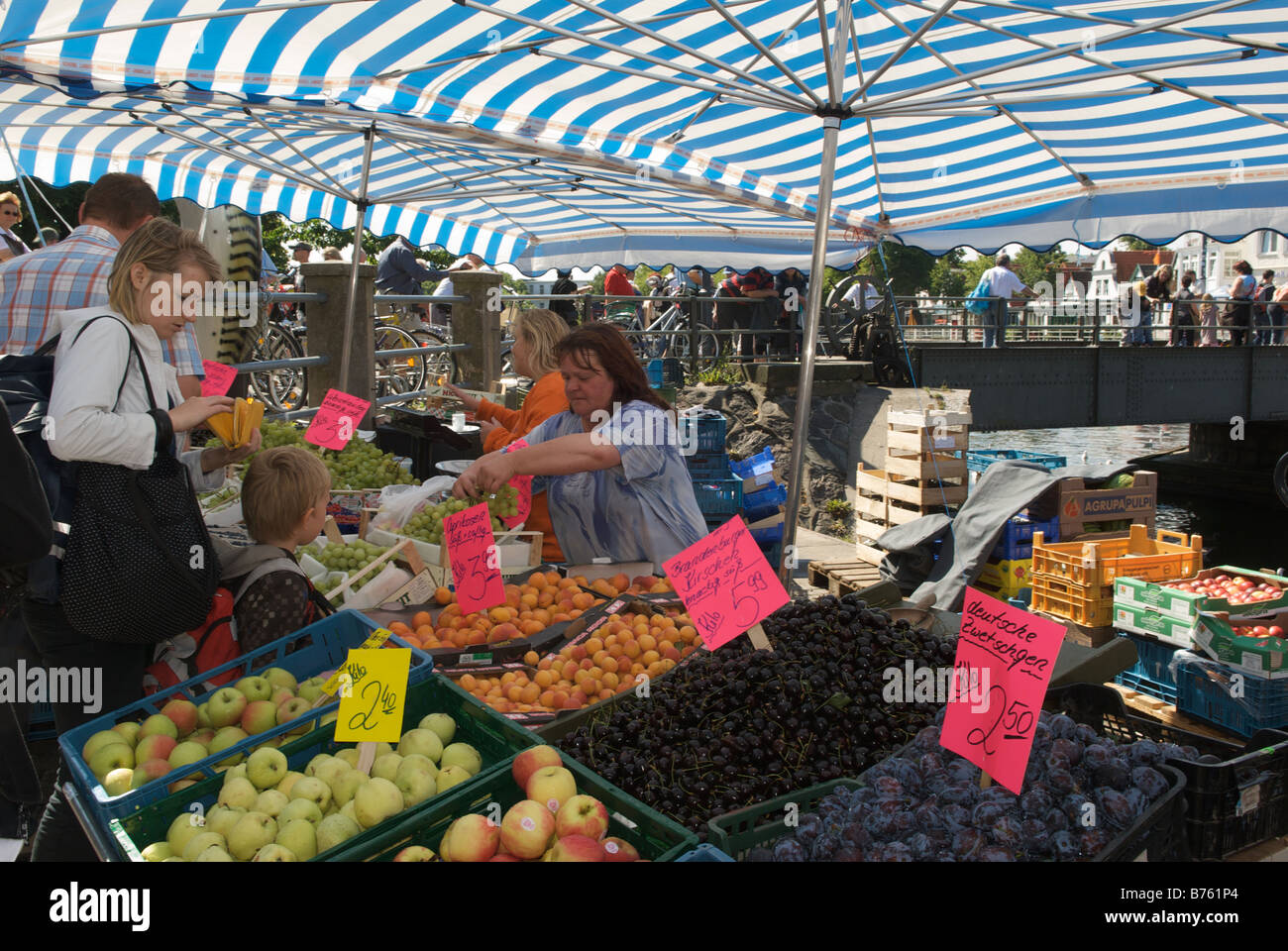 Obst und Gemüse Stall unter blauem gestreiften Segeltuchmarkise Warnemünde Hafen Deutschland Stockfoto
