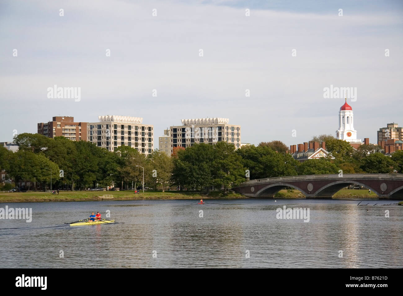 Rudern auf den Charles River und der Harvard University Gebäuden in Cambridge größere Boston Massachusetts, USA Stockfoto