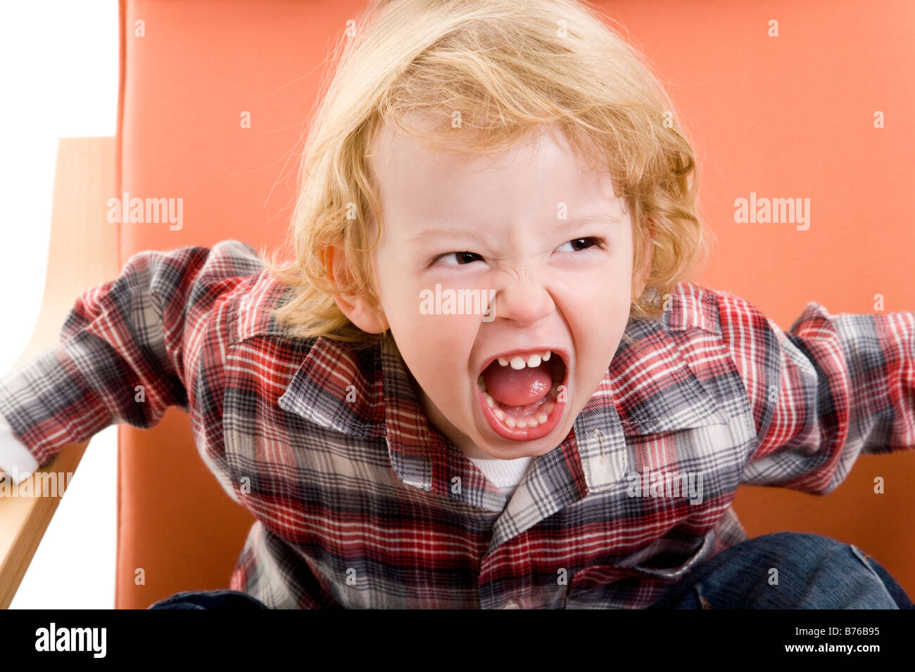 Dreijähriger Junge Sitzt in Einem Sessel Und geradezu lauthals Stockfoto