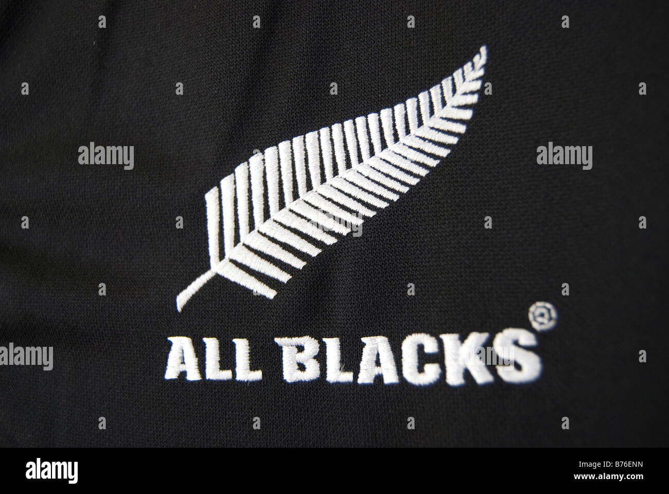 Alle schwarzen Logo auf Rugbyshirt, Cathedral Square, Christchurch, Canterbury, Neuseeland Stockfoto