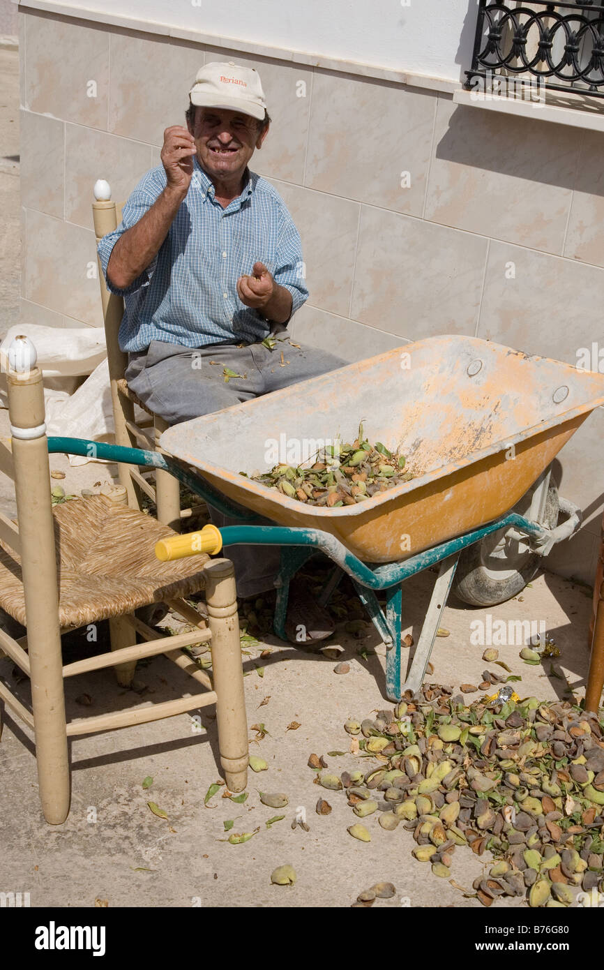 Alter Mann Pause Schalen von Mandel Muttern, Altarnatejo Dorf, Andalusien, Spanien Stockfoto