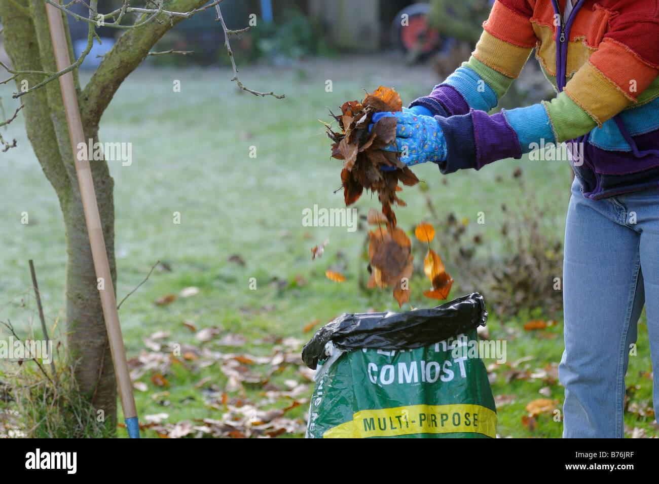 Gärtner setzen lässt im Plastiksack, Blatt Kompost UK Dezember Schimmel zu machen Stockfoto