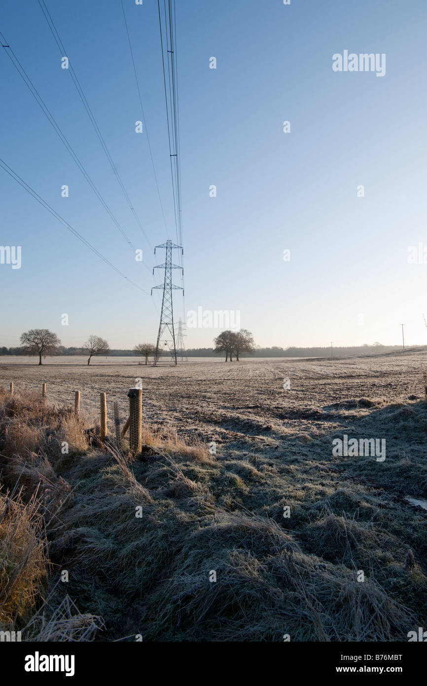 Winter in Surrey. Elektrische Pylon im Hintergrund. Stockfoto