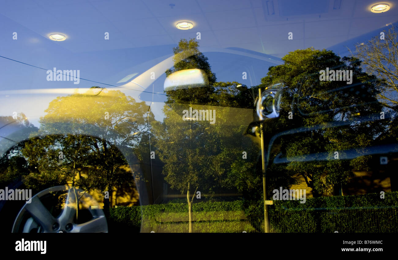 Autos und reflektierten Bäume in einem Schaufenster. Stockfoto