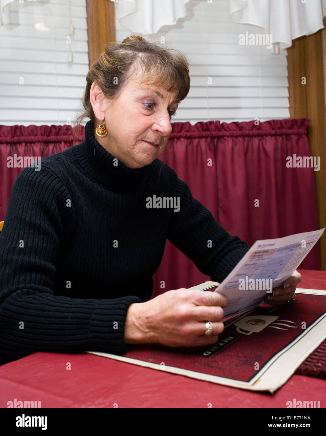 Eine Frau, die monatliche Rechnungen zu überprüfen. Stockfoto Eine Frau, die monatliche Rechnungen zu überprüfen. Stockfoto