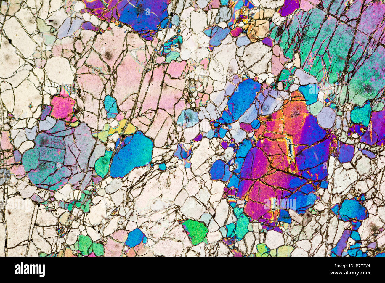 Mineralogie Mikrophotographie Dunite, Neuseelands. Cross polarisiert Folie Abschnitt Stockfoto