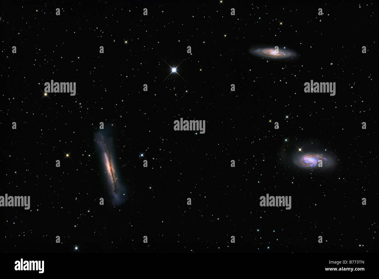NGC 3628 zusammen mit M65 und M66 bilden die berühmte Leo Triplett, eine kleine Gruppe von Galaxien. Stockfoto