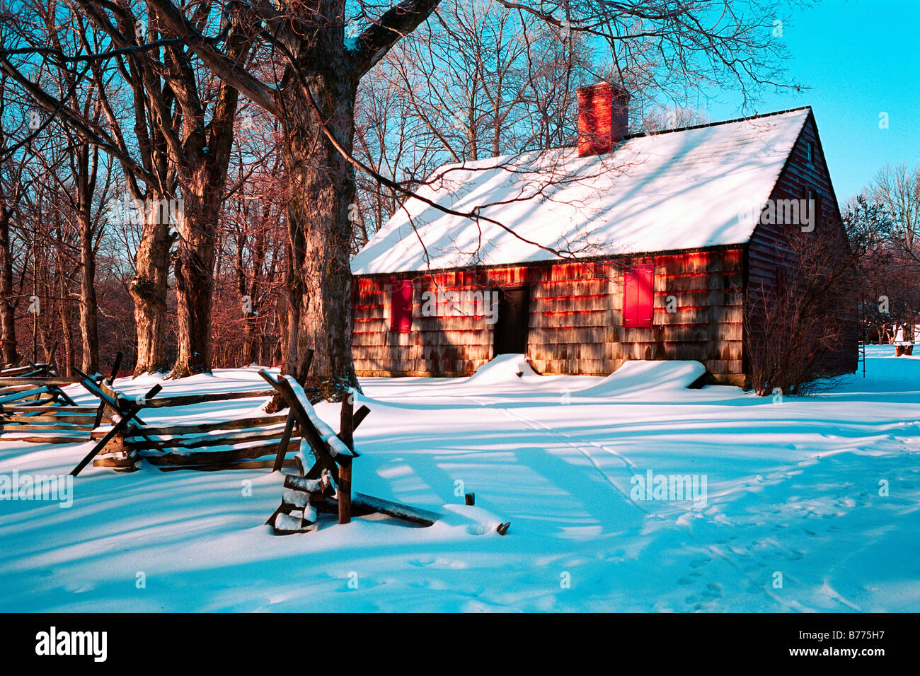 Blick auf die historische Vick s Farmahouse an Winter Jockey Hollow State Park-New-Jersey Stockfoto
