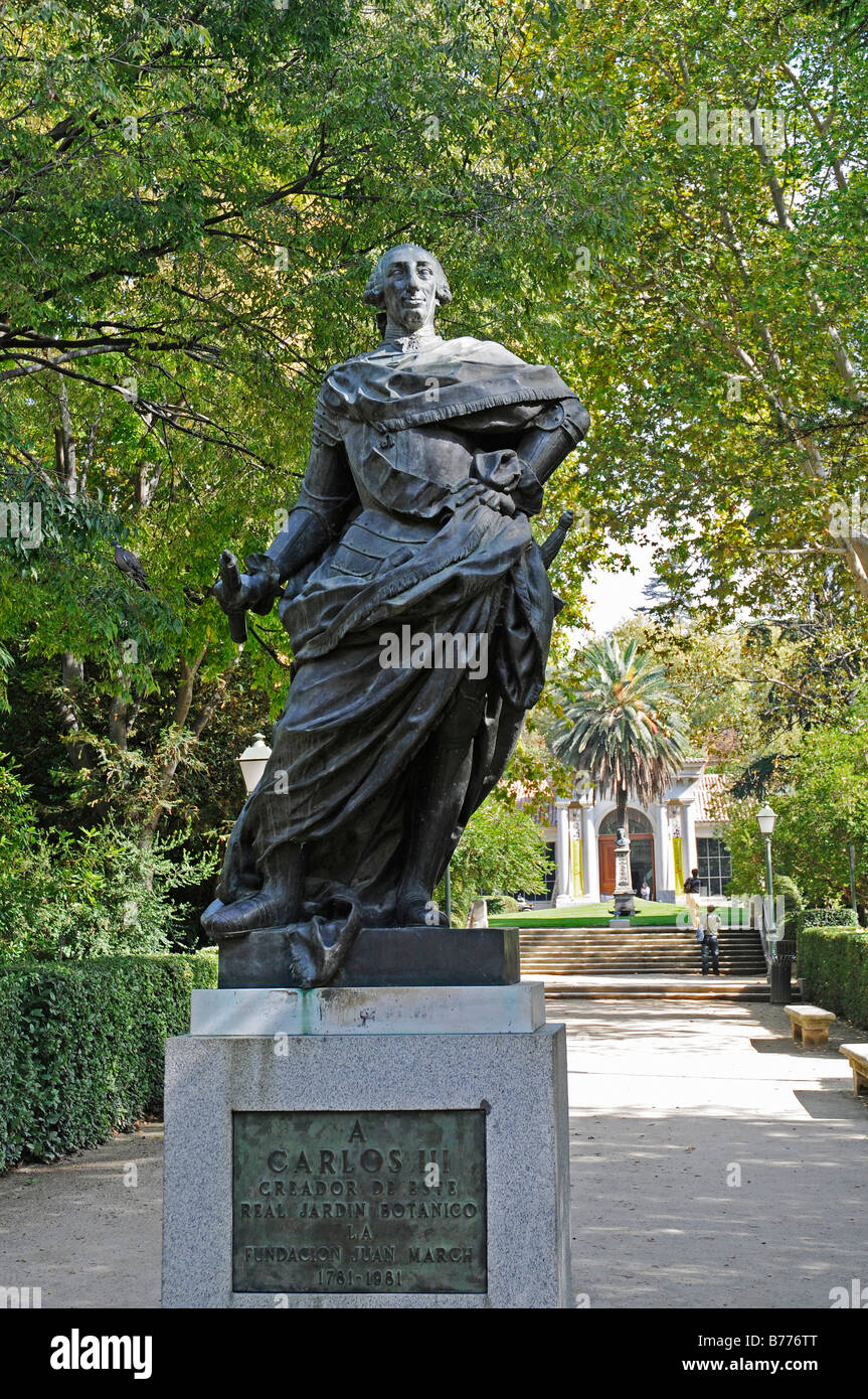 Denkmal für König Carlos Lll, Real Jardin Botanico, Botanischer Garten, Park, Madrid, Spanien, Europa Stockfoto