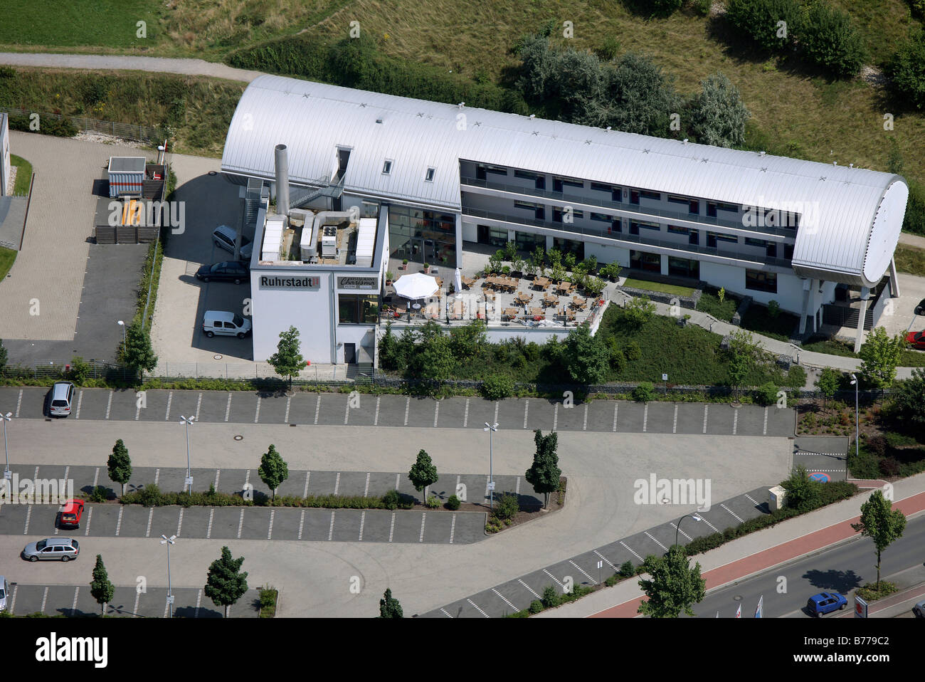 Luftaufnahme, Herberge, Hotel im Bezirk, Bottrop-Boy, Ruhr und Umgebung, Nordrhein-Westfalen, Deutschland, Europa Stockfoto