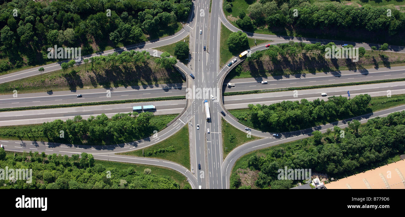 Luftaufnahme, Castrop zentrale Autobahn-Ausfahrt auf der A42, Castrop-Rauxel, Ruhr Gebiet, North Rhine-Westphalia, Deutschland, Europa Stockfoto