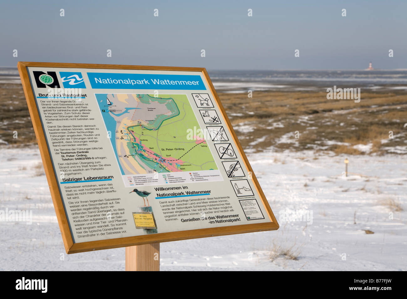 Informationstafel mit Erläuterungen zu den Nationalpark Wattenmeer, St. Peter-Ording, Eiderstedt Halbinsel Nordfriesla Stockfoto