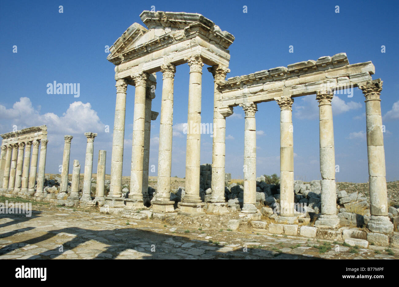 Römische Reihe von Spalten, die Kolonnaden, Apameia, Syrien, Naher Osten, Orient Stockfoto