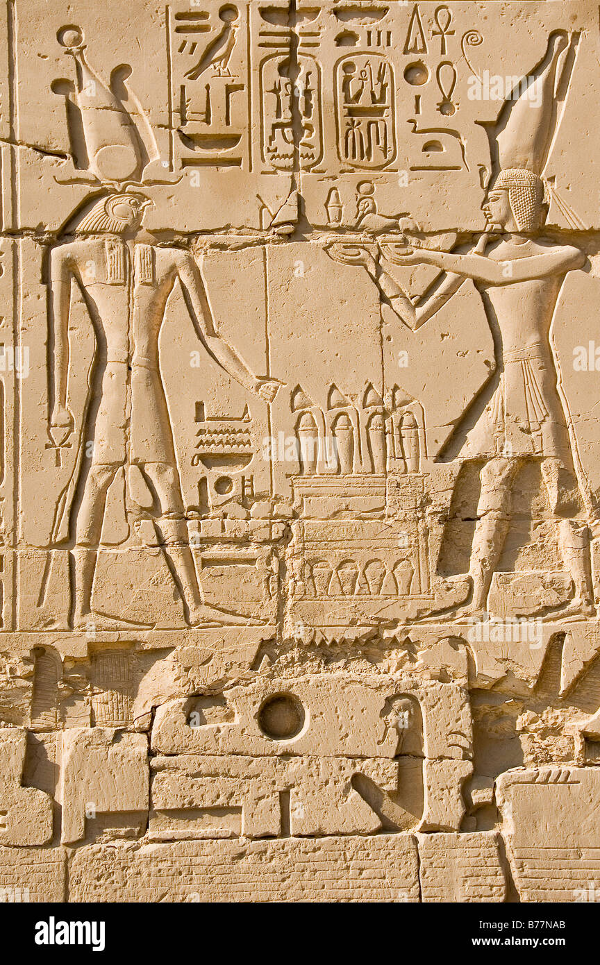 Relief mit Horus, Karnak Tempel, Luxor, Ägypten, Afrika Stockfoto