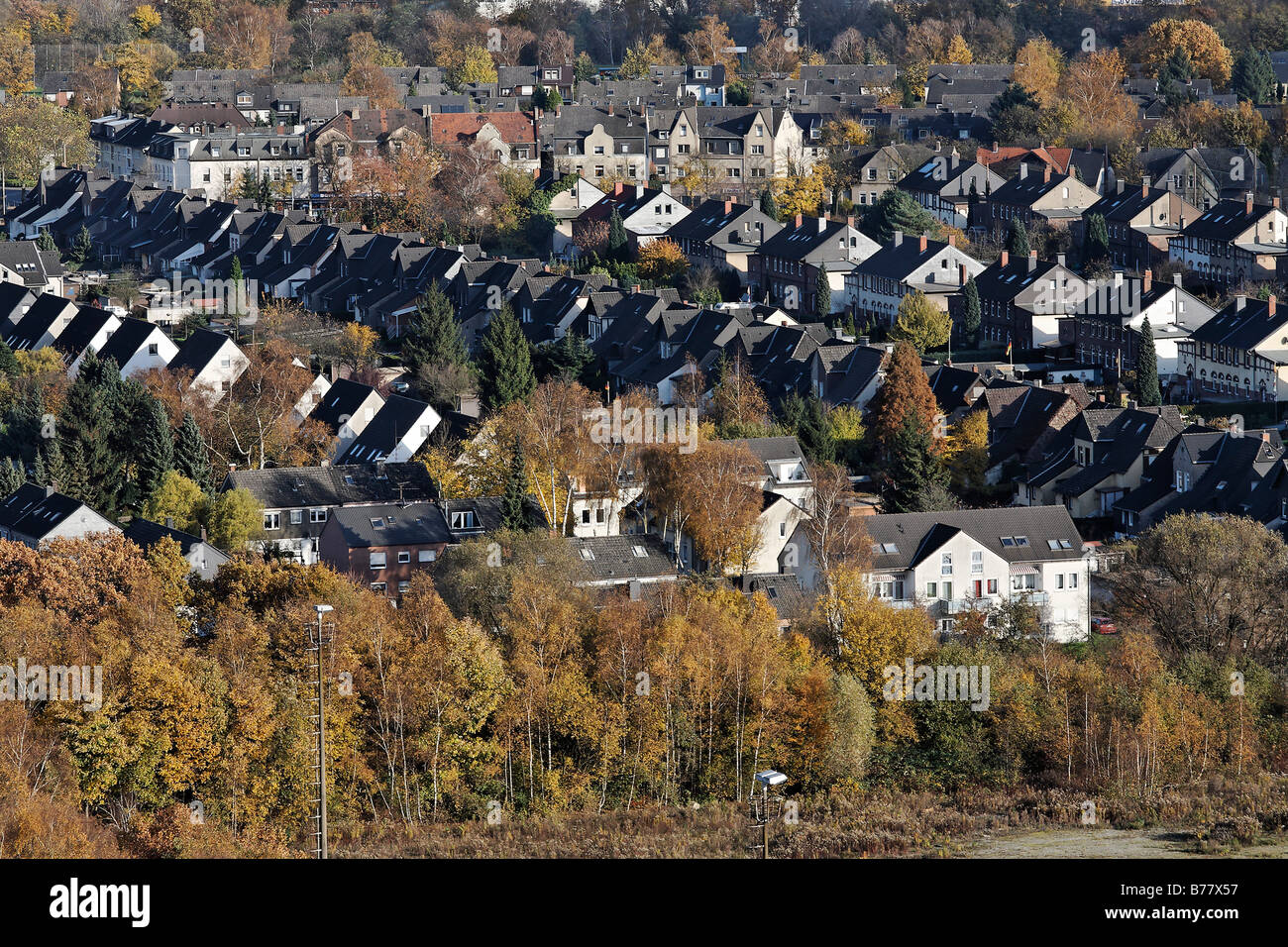 Straße der ehemaligen Bergmann Häuser, Ansicht von oben, Halde Halde, Herten, Recklinghausen, Ruhrgebiet, Nordrhein-Westphali Stockfoto