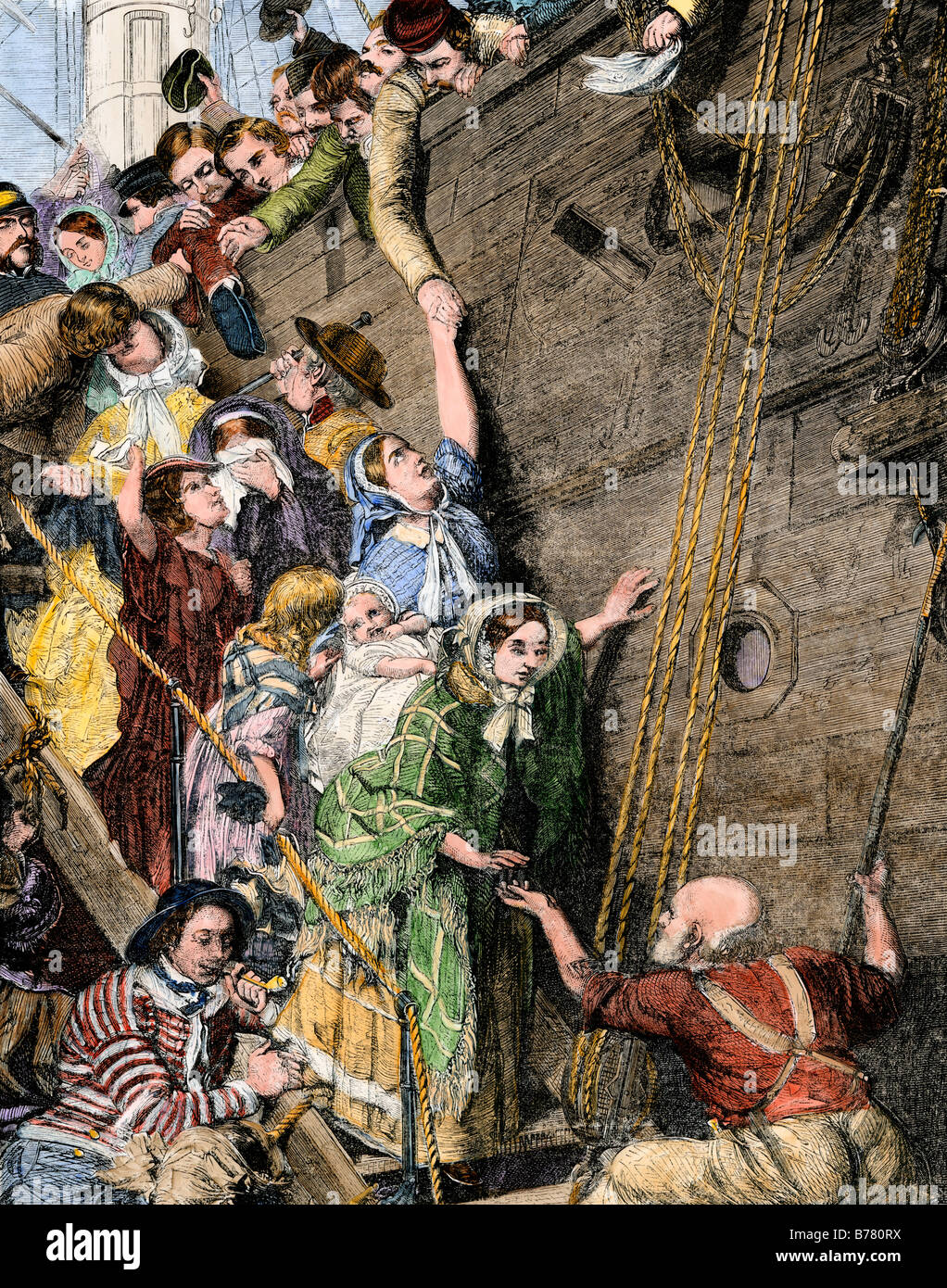 Europäische Auswanderer verlassen ihre Familien nach Amerika 1850 zu segeln. Hand - farbige Holzschnitt Stockfoto