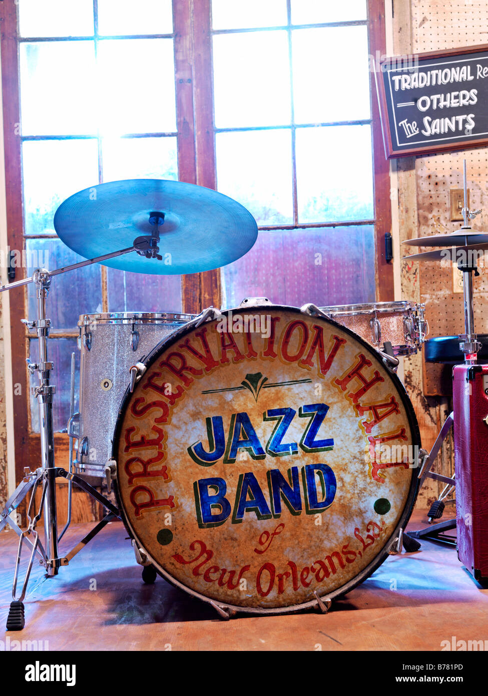 Drum Kit Frontplatte illustriert ' Preservation Hall Jazz Band' Preservation Hall, New Orlean, Louisiana, USA Stockfoto
