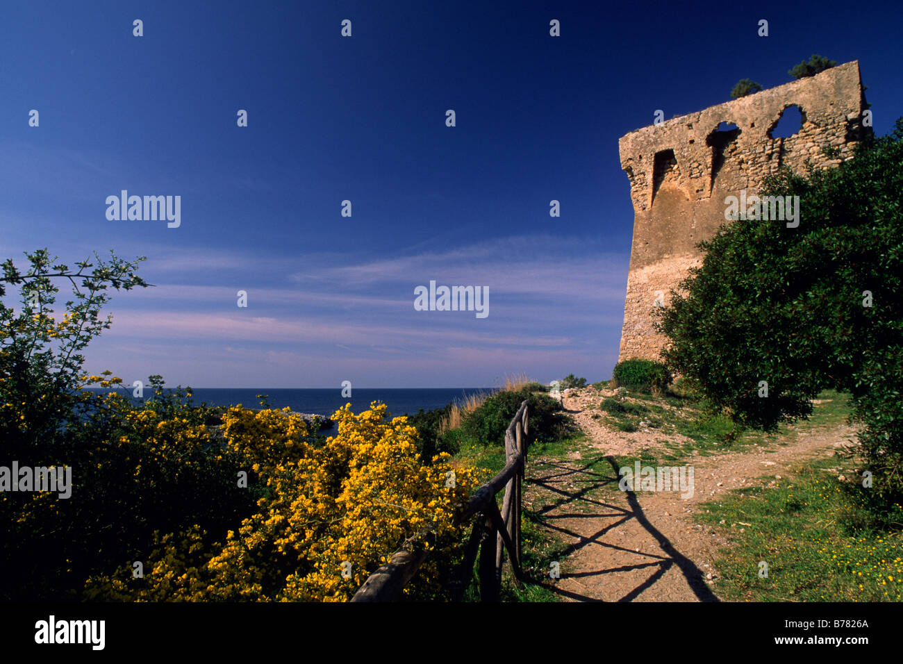 Italien, Kampanien, Nationalpark Cilento, Marina di Camerota, Turm und Küstenweg Stockfoto