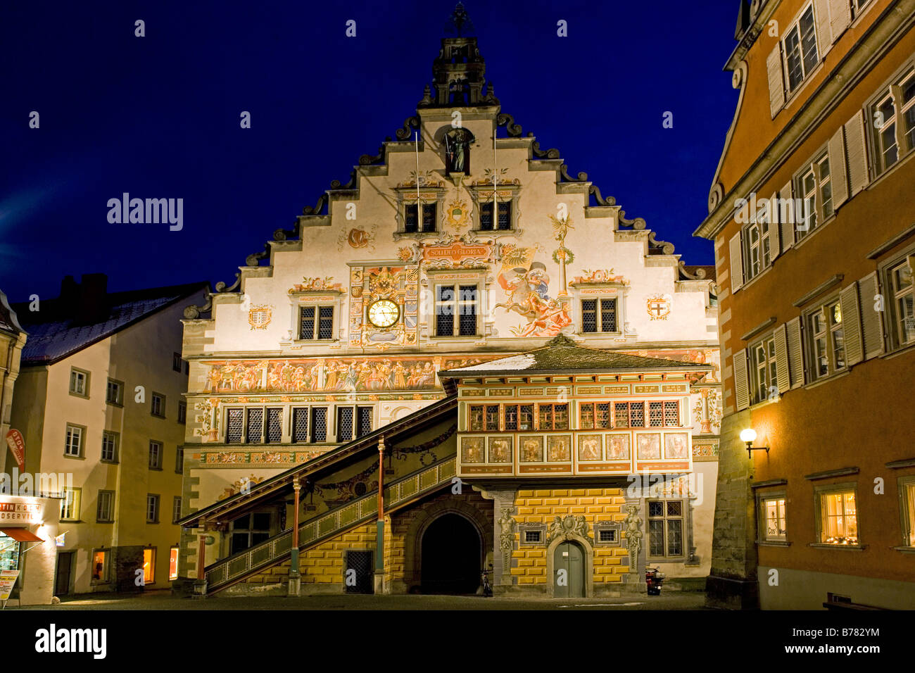Altes Rathaus in der Nacht in Lindau, Bodensee, Bayern, Deutschland Stockfoto