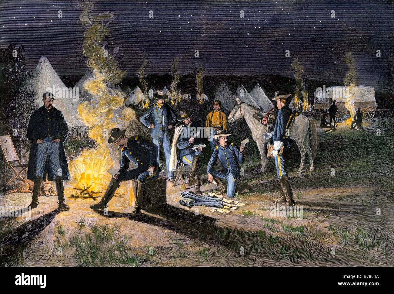 Eingang der E-Mail in einem US Army Camp im westlichen Gebiet der 1880er Jahre. Hand - farbige Holzschnitt eines Rufus Zogbaum Abbildung Stockfoto