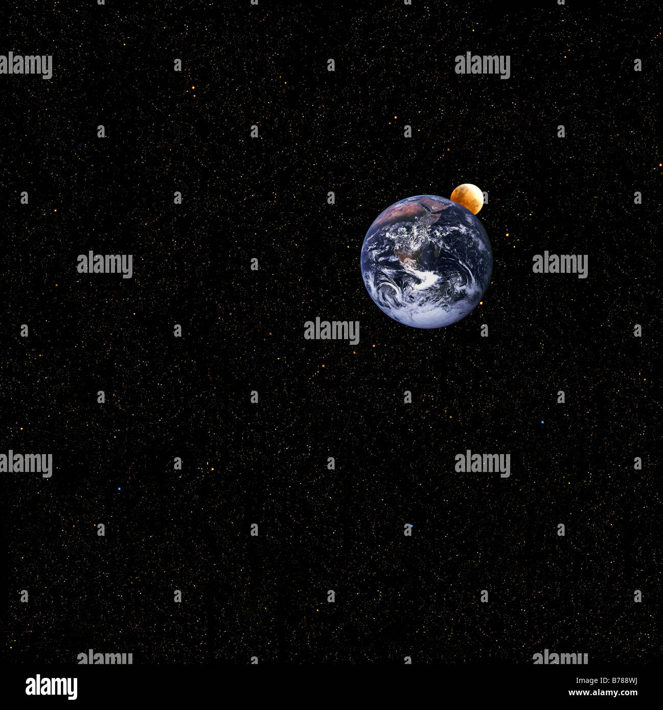 Ein Sternenhimmel mit Erde und Mond mit NASA-Aufnahmen erstellt Stockfoto