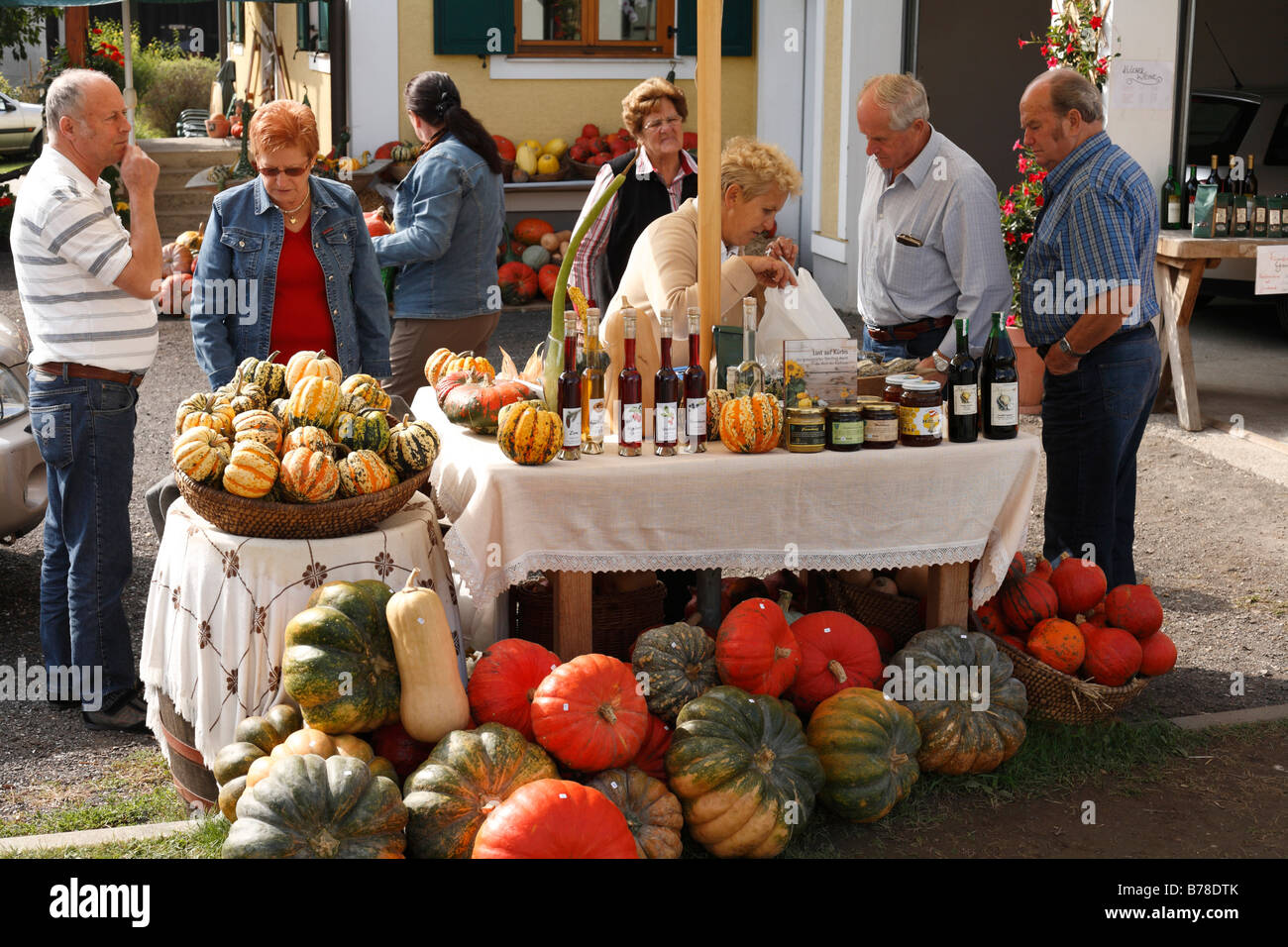 Kunden an einem Stand verkaufen, Kürbis und Kürbis-Produkte in Dierpersdorf, Steiermark, Österreich, Europa Stockfoto