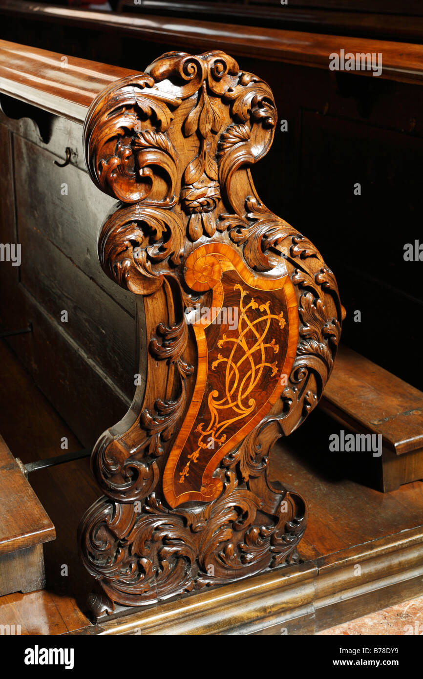 Ornamentale Kirche Pew im Grazer Dom, Graz, Steiermark, Austria, Europe Stockfoto