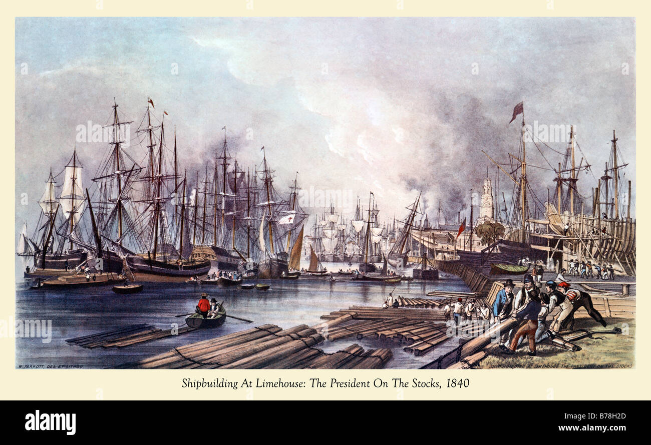 Schiffbau in Limehouse 1840 Gravur der Schiffbau an der Themse der