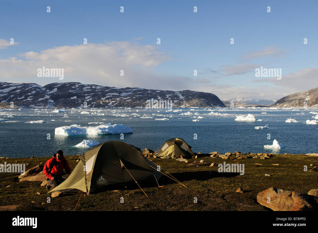 Zelte, camping in Johan Petersen Fjord, Ostgrönland, Grönland Stockfoto