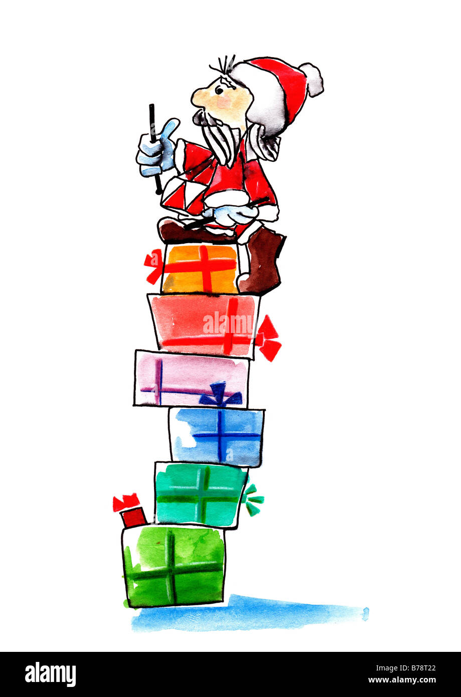 Abbildung, Weihnachtsmann mit Schlagzeug sitzen auf Stapel von Weihnachten Pakete Stockfoto
