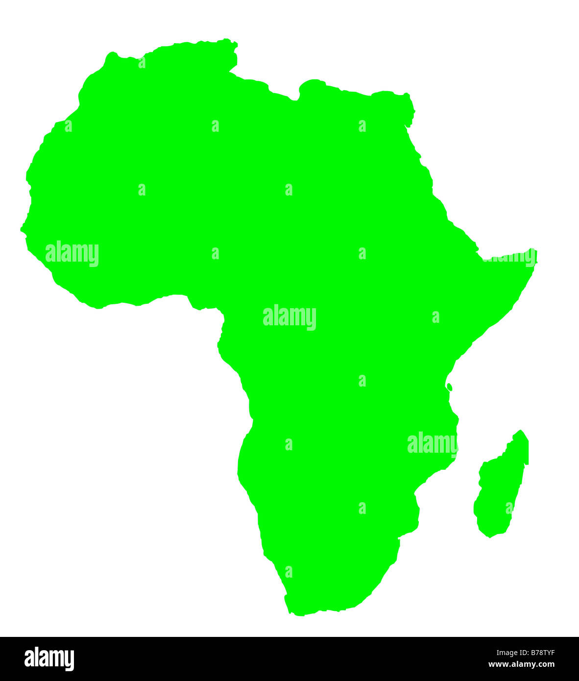 Der Umriß des Kontinents Afrika in grün isoliert auf weißem Hintergrund Stockfoto