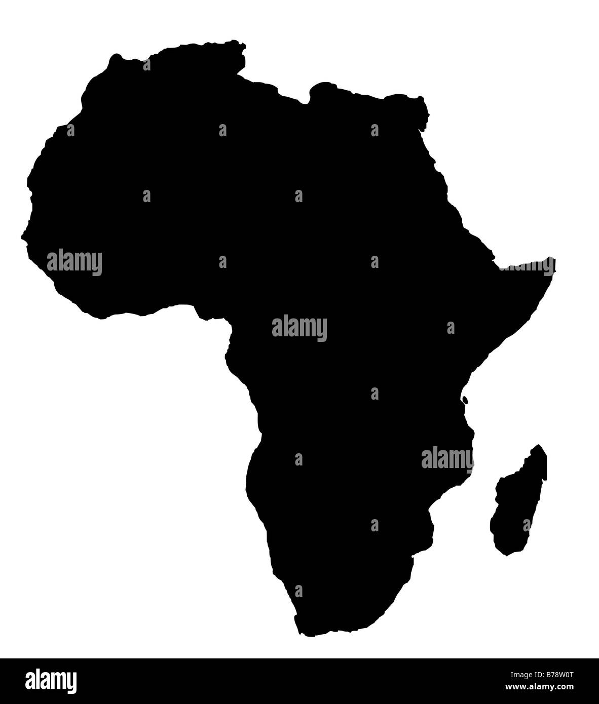 Der Umriß des Kontinents Afrika in schwarz isoliert auf weißem Hintergrund Stockfoto