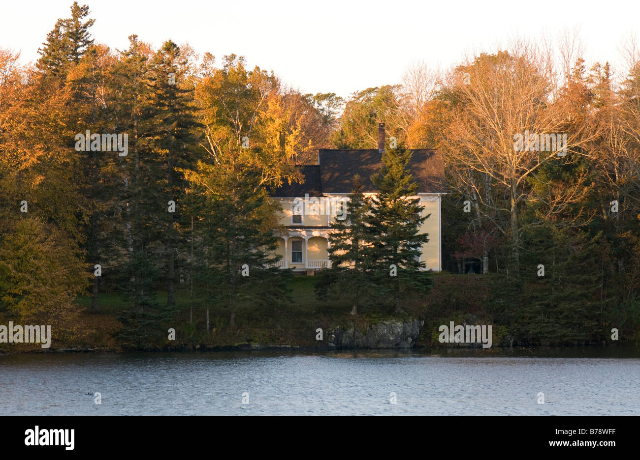 Haus im Wald - Herbst Sonnenaufgang in Penobscot Bay, Deer Isle, Maine, New England Stockfoto