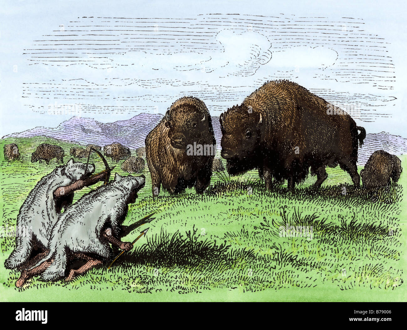 Native Americans in Wolf skins stalking Büffel. Hand - farbige Holzschnitt Stockfoto