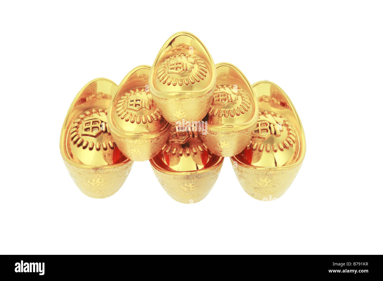 Chinesisches Neujahr gold Barren Ornamente auf weißem Hintergrund Stockfoto