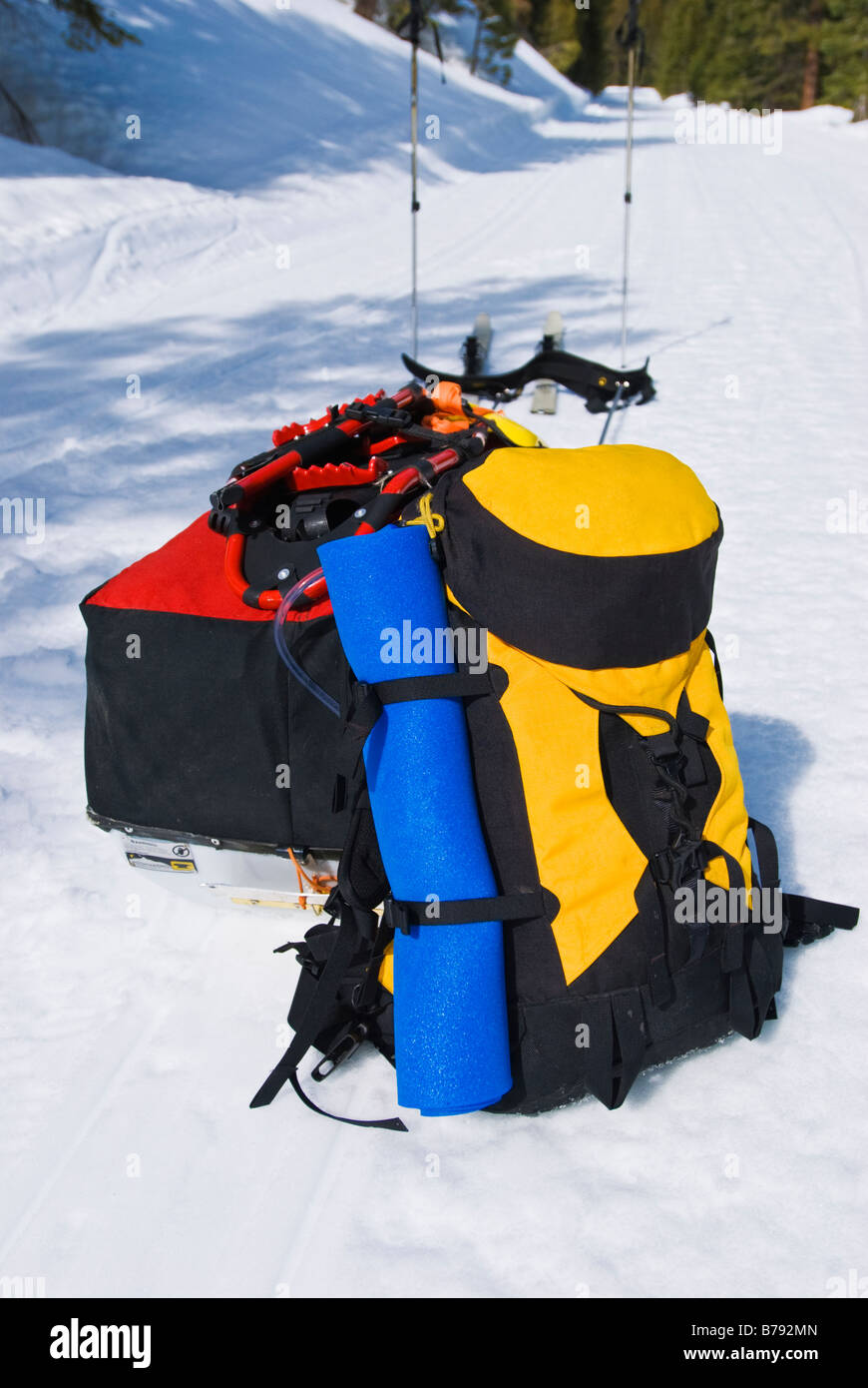 Backcountry-Ski-Ausrüstung-Schlitten und Pack auf der Glacier Point Road Yosemite National Park in Kalifornien Stockfoto