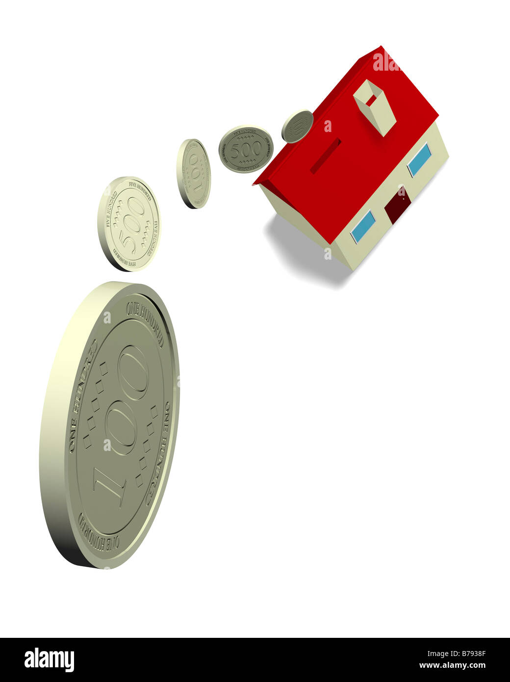 Modell eines kleinen Hauses als eine Spardose mit allgemeine Währung Münzen - 3d Cgi Rendern Stockfoto
